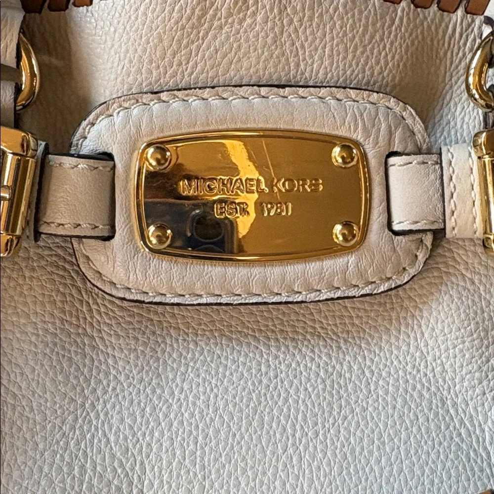 Michael Kors Hamilton Whipstitch Leather Satchel Cream Tan Gold Hardware